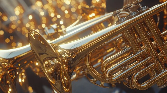Close-up of brass band instruments, trumpets, during a celebration and street parade, copy space