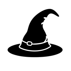 Simple, stylized black and white illustration of a classic witch's hat