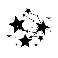 Black and white star constellation illustration with connecting lines and dot details