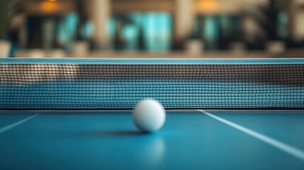 A close-up of a ping pong ball poised near the net on a vibrant blue table, highlighting the game's intensity.