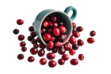 Vibrant Cranberries Cascading from a Tipped Blue Cup on Isolated Backdrop, Showcasing Rich Color and Freshness for Culinary and Festive Themes, a Berry Delight