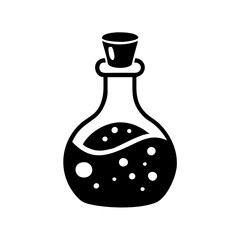 Black potion bottle illustration with liquid and bubbles, perfect for Halloween
