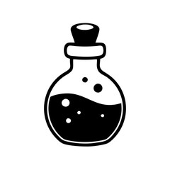 Black and White Illustration of a Potion Bottle with Bubbles Inside