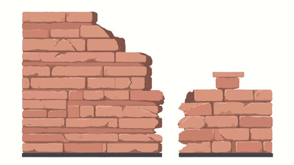 Obraz premium A set of two ruined brick walls with a white background. Two brick walls. Vector illustration. 