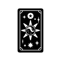 Monochrome Tarot Card Depicting Sun with Yin Yang and Celestial Elements