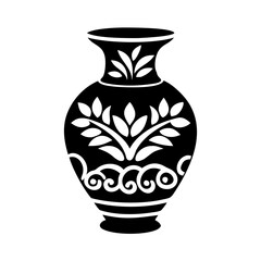 Elegant Black and White Silhouette Illustration of a Decorated Vase with Floral Designs