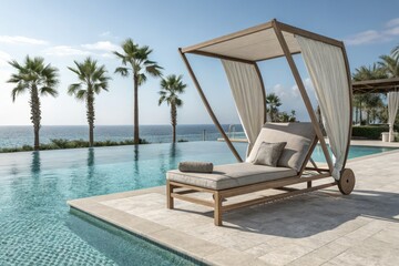 Fototapeta premium Relaxing Poolside Lounge Chair With Ocean View and Palm Trees Generative AI