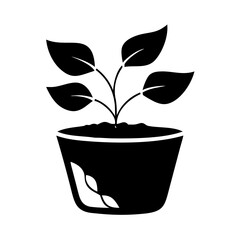 Monochrome illustration of a potted plant with leaves, against a white backdrop
