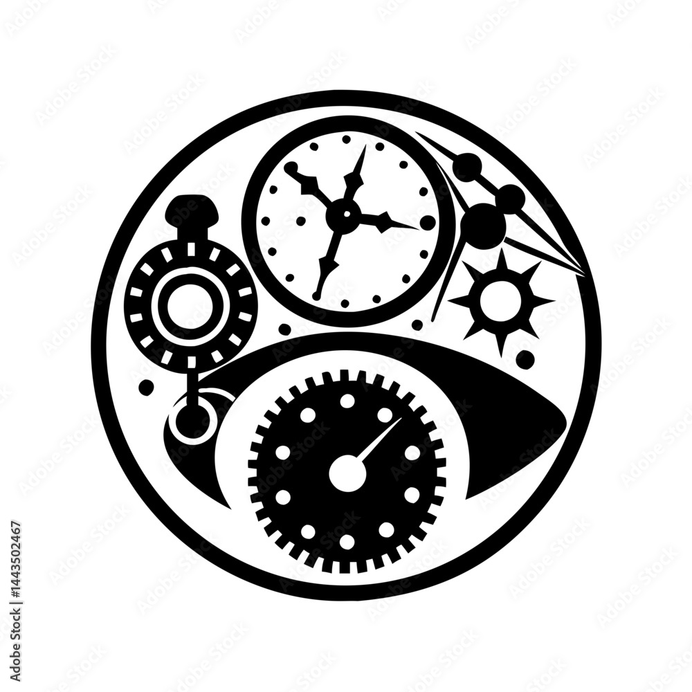 Poster steampunk inspired intricate black and white clockwork design in circular format