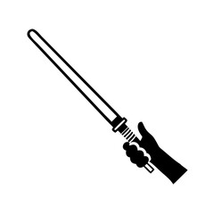 Black and white illustration of a hand holding a light saber prop