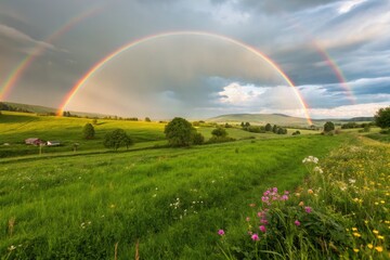 Naklejka premium Two Vibrant Rainbows Over a Lush Green Field in Springtime Generative AI