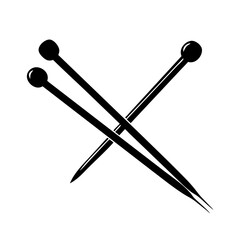 A stylized black and white image depicting two sewing pins crossed over