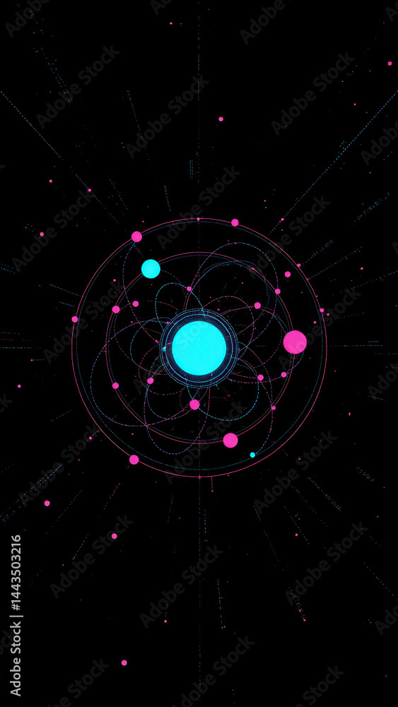 Poster a detailed scientific illustration of an atomic structure with multiple colored orbits.