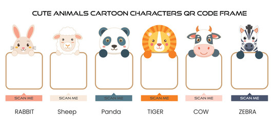 Cute Animals Cartoons Characters Qr Code Frame Design Vector Illustration