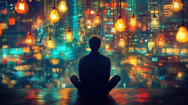 A man sits contemplatively in front of a vibrant cityscape, illuminated by light bulbs and colorful patterns, symbolizing creativity and innovation