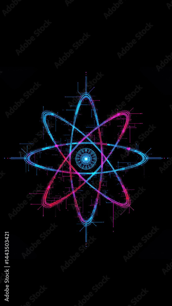 Poster digital art with a glowing atomic structure on a dark background.