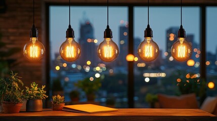 Obraz premium Warm, Edison-style lights over a wooden table, city view
