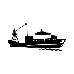 Obraz premium Black silhouette of a cargo ship on water in doodle style
