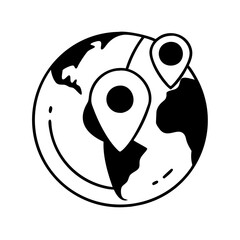 World globe with two map pin pointers marking different locations