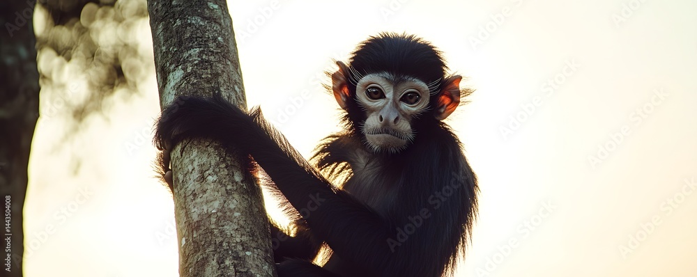Poster monkey clings to a tree trunk looking towards the viewer