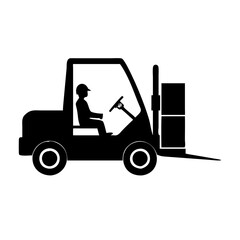 A black and white forklift truck carrying two boxes in silhouette