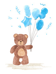 Watercolor teddy bear with balloons. Baby shower boy card design. Vector illustration