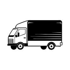 Black and white vector drawing of a delivery truck in silhouette