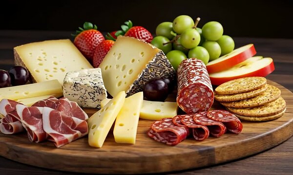 Delicious charcuterie board featuring cheeses, cured meats, fruit, and crackers