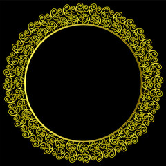 Round golden frame with unusual pattern on black background