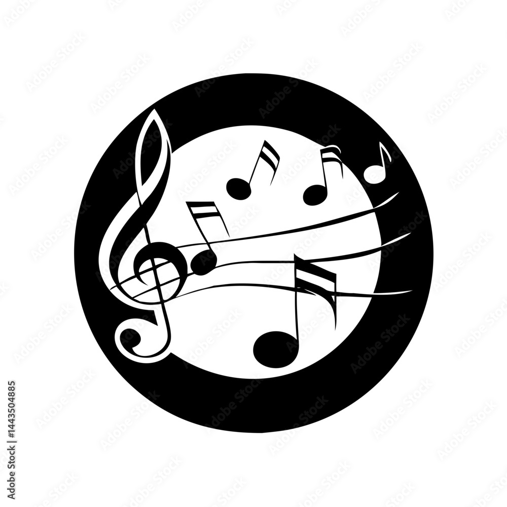 Poster monochrome musical notes and treble clef within a circular frame design