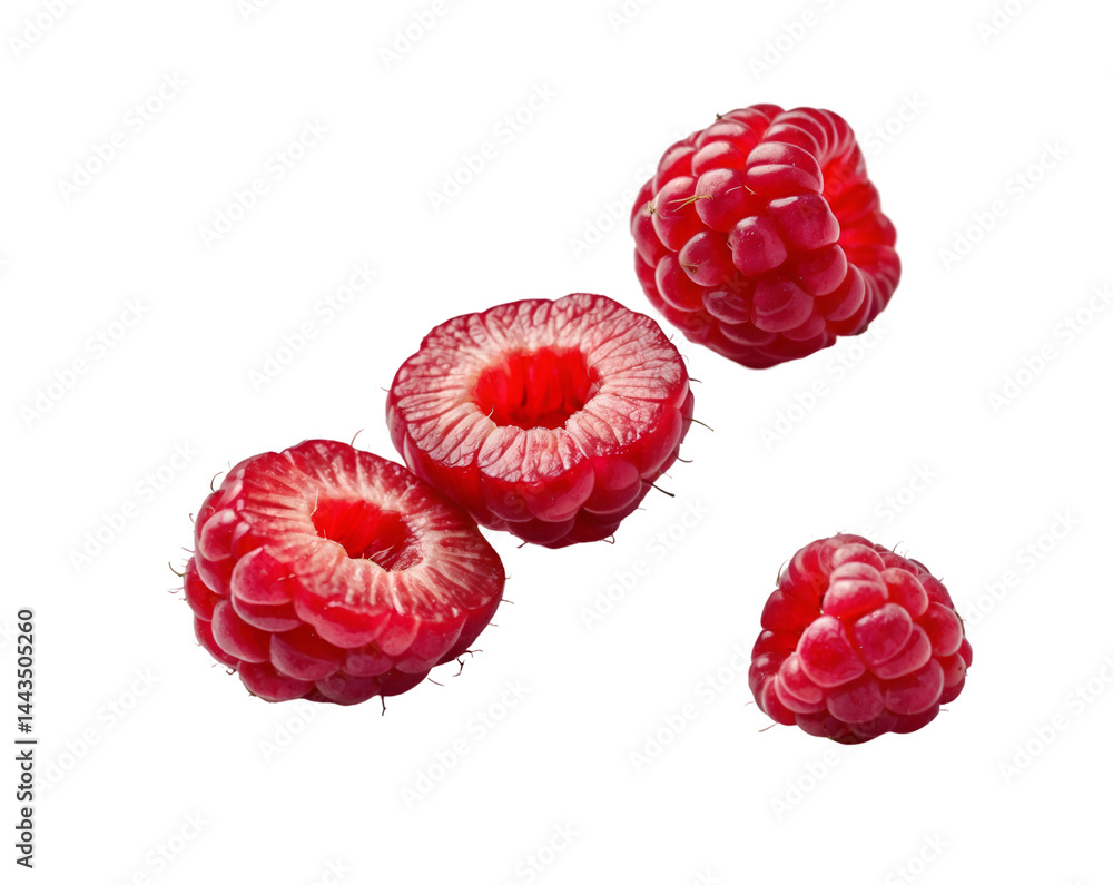 Poster vibrant raspberry halves showcasing their juicy red cores against a plain setting highlighting fresh