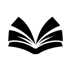 Stylized open book icon design in bold black and white colors