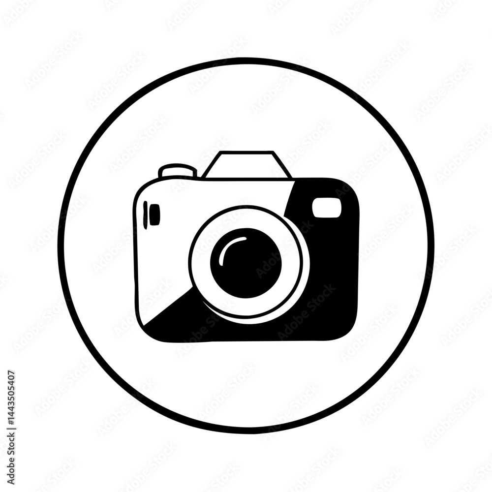 Poster simple black and white camera icon within a circular frame design
