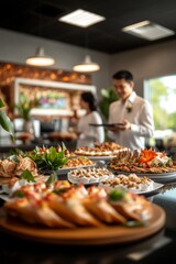 Delicious appetizers arranged on a table, a man and woman in the background.
