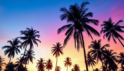 Beautiful sunset over a tropical palm tree landscape with vibrant colors and a serene atmosphere