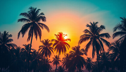 Obraz premium Sunset silhouettes of palm trees against a vibrant sky in a tropical paradise during evening hours