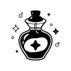 Stylized Black and White Image of a Potion Bottle with Sparkles