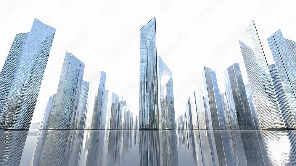Poster abstract view of modern skyscrapers with reflections and light