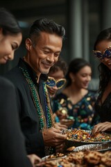 Man smiles while looking at Mardi Gras beads.