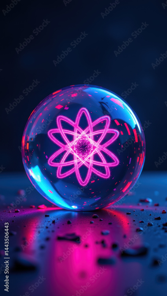 Aufkleber a glowing atom inside a transparent sphere on a dark surface with shattered elements around it.