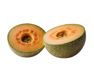 Vibrant studio shot showcasing a halved cantaloupe with a bright orange center and seeds, emphasizing freshness and the appealing texture of the fruit, set against a plain background
