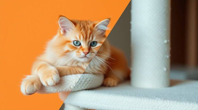 Orange Cat Relaxing on a Stylish Cat Tree Platform. A ginger cat sits comfortably on a modern, off-white cat tree platform against a soft peach background.