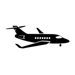 Sleek private jet silhouette in black against a white background design