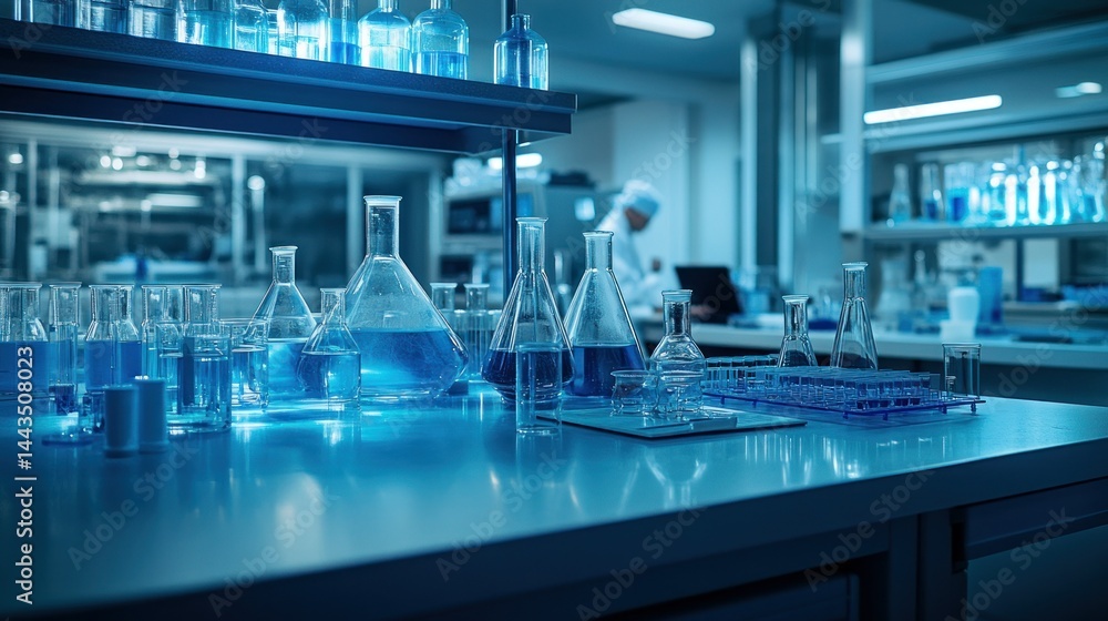 Poster modern laboratory workspace with various beakers and flasks filled with blue liquid. researchers at 