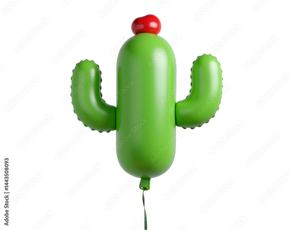 Poster whimsical cactus balloon, a playful and vibrant 3d rendering of a green cactus-shaped balloon, perfe