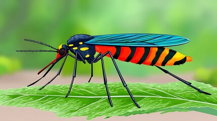 Colorful mosquito illustration on a leaf. Detailed insect with red, yellow, and black markings. Green background
