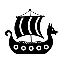 Simple black and white illustration of a viking longship with sail