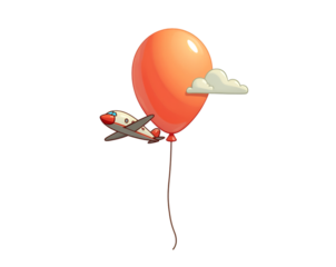 Whimsical Cartoon Illustration of an Airplane Attached to a Balloon Floating Among Clouds on a Clean Simple Isolated Plain Background