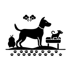 Black and white vector art featuring dogs, paw prints, and plants.