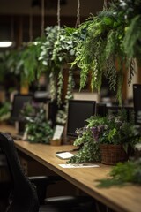 Fototapeta premium Modern office with hanging plants and a calming atmosphere.